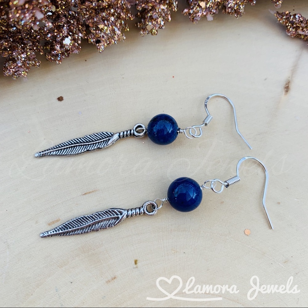 Lapis Lazuli Feather Silver Dangle Earrings boho